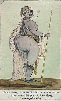 Anúncio de exibição de Saartjie Baartman, século XVIII.