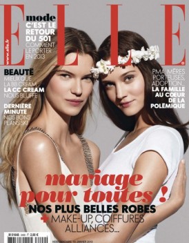 Capa da revista Elle francesa de janeiro de 2013. O editoral da revista deixa claro o apoio ao projeto "Mariage Pour Tout".