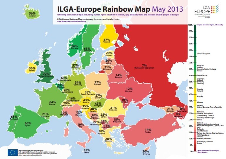 'Europe Rainbow Map'. O mapa mostra a porcentagem de legislação que respeitam lésbicas, gays, bissexuais, trans e intersexos em países da Europa. Fonte: ILGA - Europe Rainbow Map.