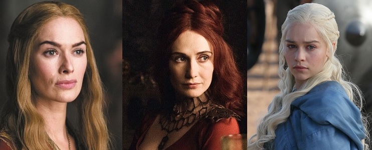 Personagens femininas da série Game Of Thrones. Da esquerda para direita: Cersei Lannister (Lena Headey), Melisandre (Carice Van Houten) e Daenerys Targaryen (Emilia Clarke). Imagem de divulgação.