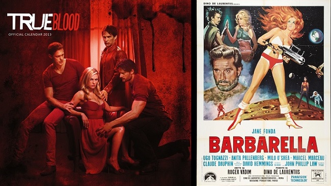À esquerda, imagem de divulgação da 3° temporada da série True Blood com Sookie (Anna Paquim) ao centro. À direita, cartaz de divulgação do filme Barbarella (1968).
