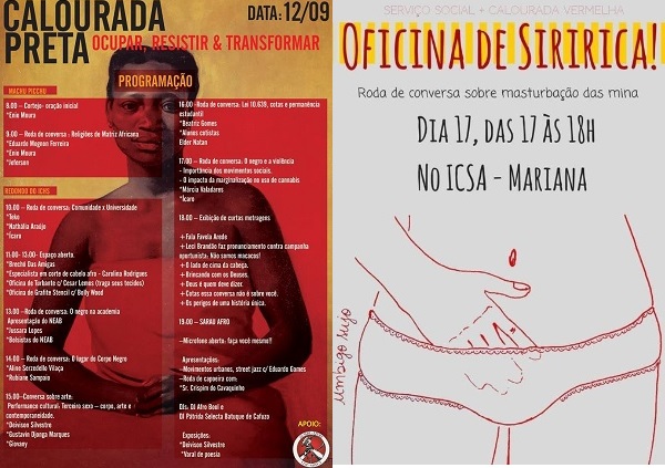 À esquerda, cartaz com a programação da I Calourada Preta. À direita, cartaz da Oficina de Siririca.