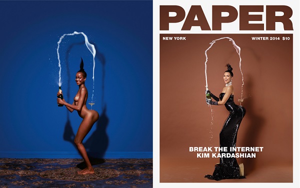Fotos de Jean-Paul Goude. À esquerda, “Champagne Incident”, de 1976 com a modelo negra Carolina Baumont. À direita, a foto com Kim Kardashian para a Revista Paper.