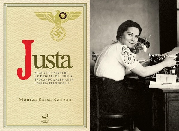 À esquerda, capa do livro 'Justa'. À direita, Aracy de Carvalho em Hamburgo. Foto: Acervo da Família Tess.