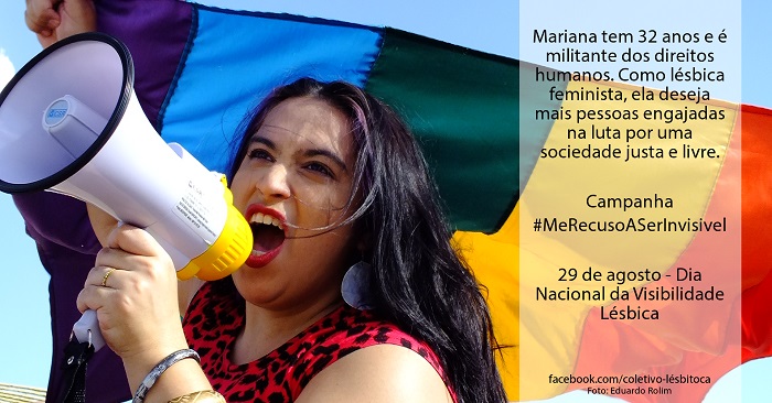 #MeRecusoASerInvisível é uma campanha de visibilidade lésbica do Coletivo LésBitoca em parceria com Canal Mim dá um Real e Núcleo de Pesquisas em Sexualidade - UFT realizada com apoio de LBL-TO, ABL-TO e MUDAS - Movimento Universitário de Diversidade Afetivo Sexual.